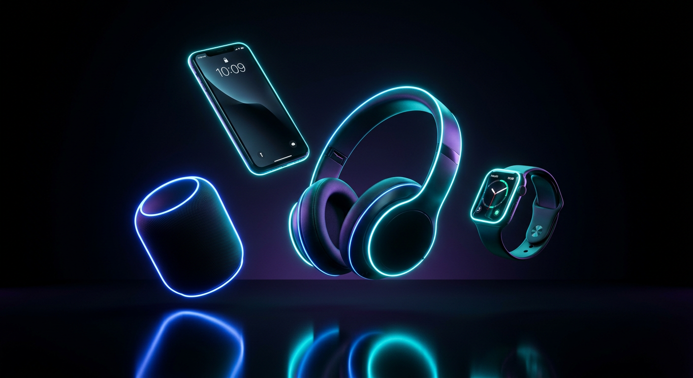 Kumpulan gadget dan alat elektronik Elektro Biru Semesta dengan pencahayaan neon biru